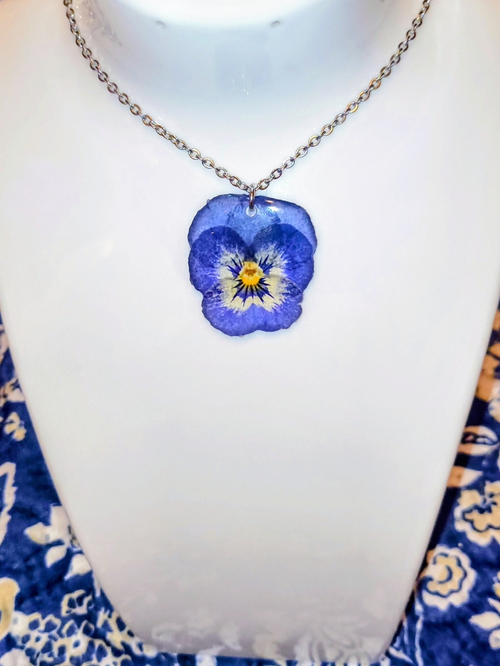Blue Pansy Floral Pendant Necklace - Blue Flower Charm